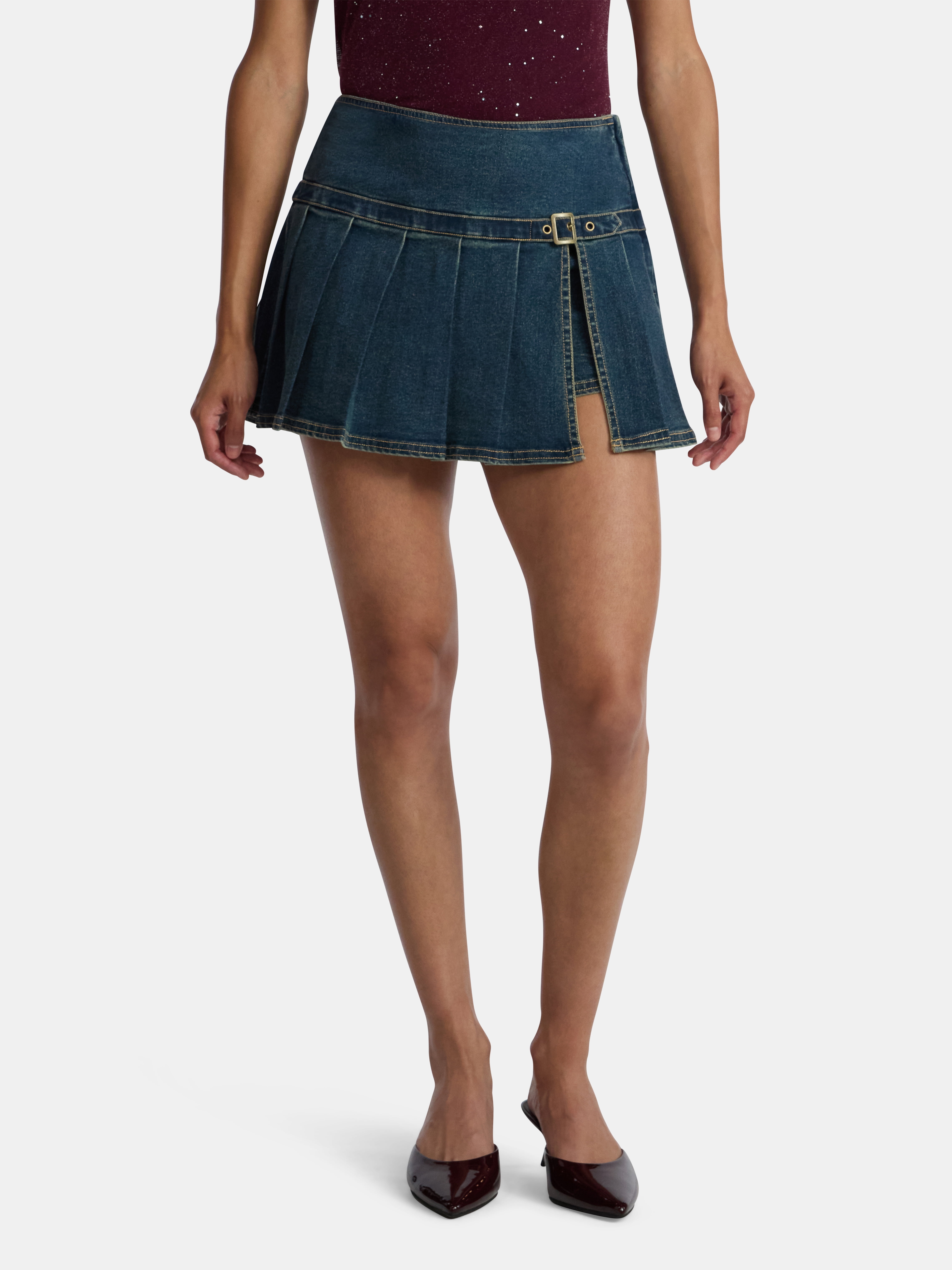 Madden NYC Women's Pleated Denim Mini Skort, Sizes XXS-XXL
