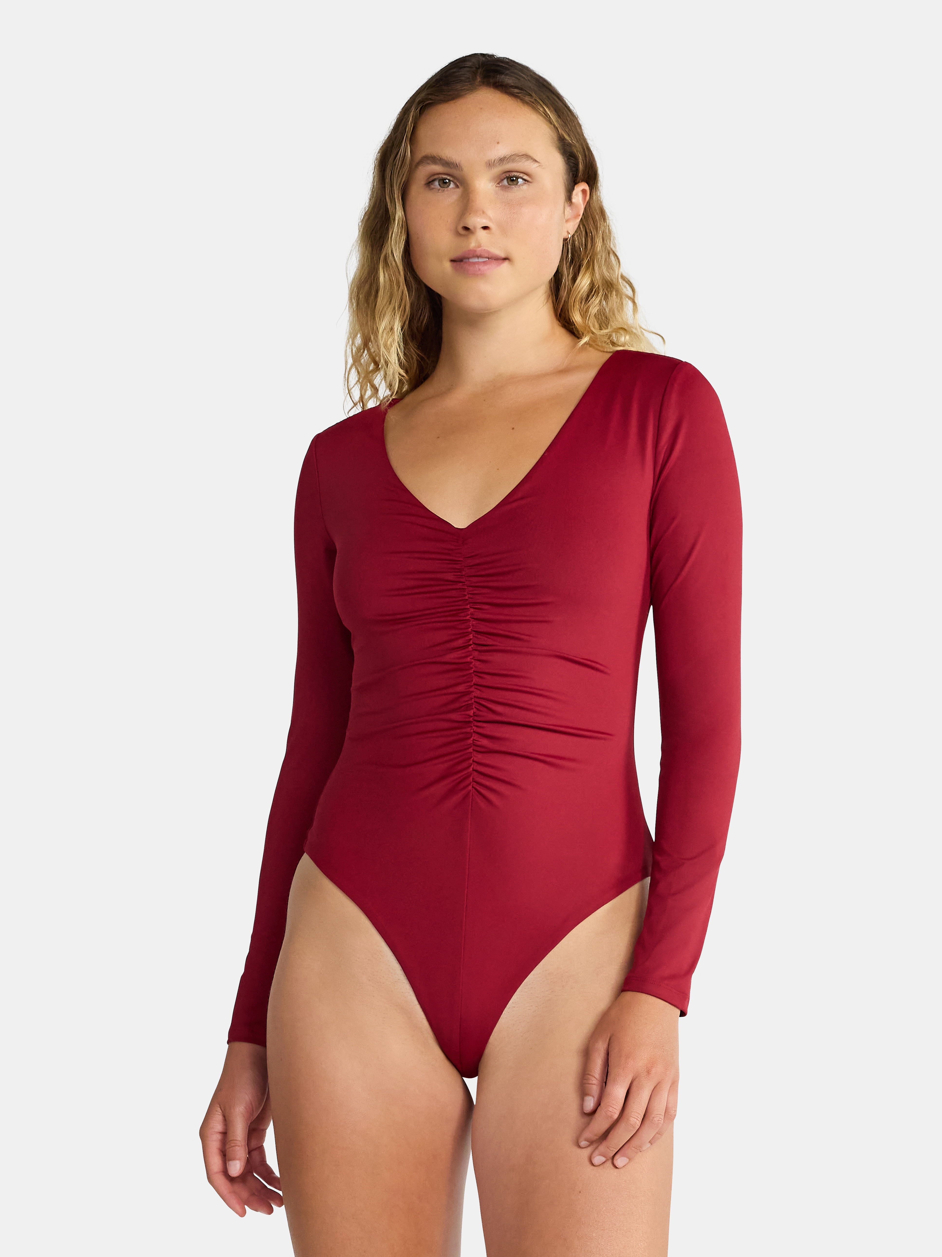 Madden NYC Women's Ruched Sculpting Bodysuit with Long Sleeves, Sizes XXS-XXL