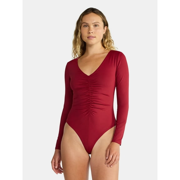 Madden NYC Women's Ruched Sculpting Bodysuit with Long Sleeves, Sizes XXS-XXL