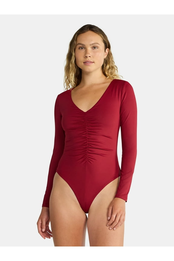 Women's Ruched Sculpting Bodysuit with Long Sleeves, Sizes XXS-XXL