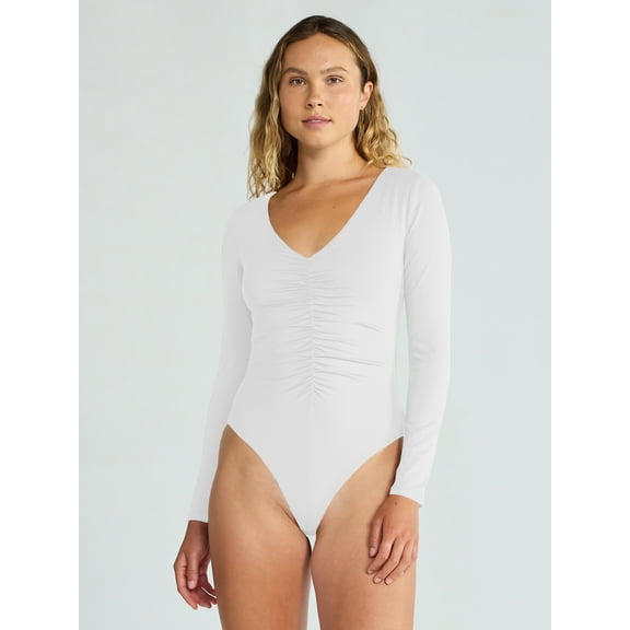 Madden NYC Women's Ruched Sculpting Bodysuit with Long Sleeves, Sizes XXS-XXL