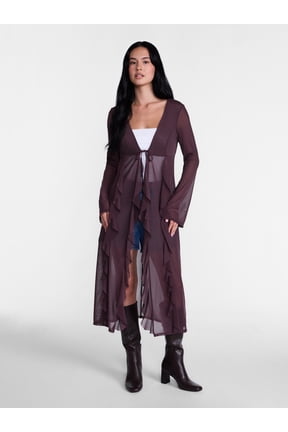 Women’s Ruffle Sheer Tie Front Duster with Long Sleeves, Sizes XXS-XXL