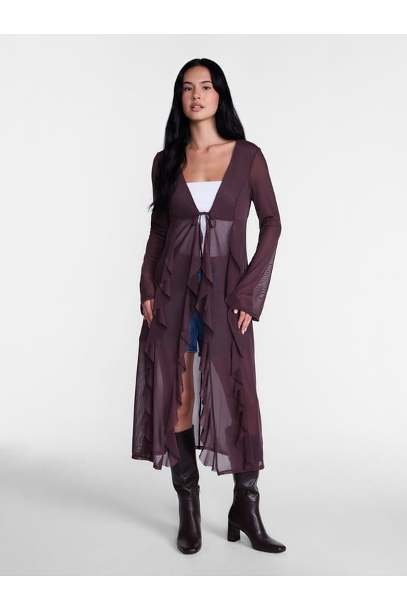 Women’s Ruffle Sheer Tie Front Duster with Long Sleeves, Sizes XXS-XXL