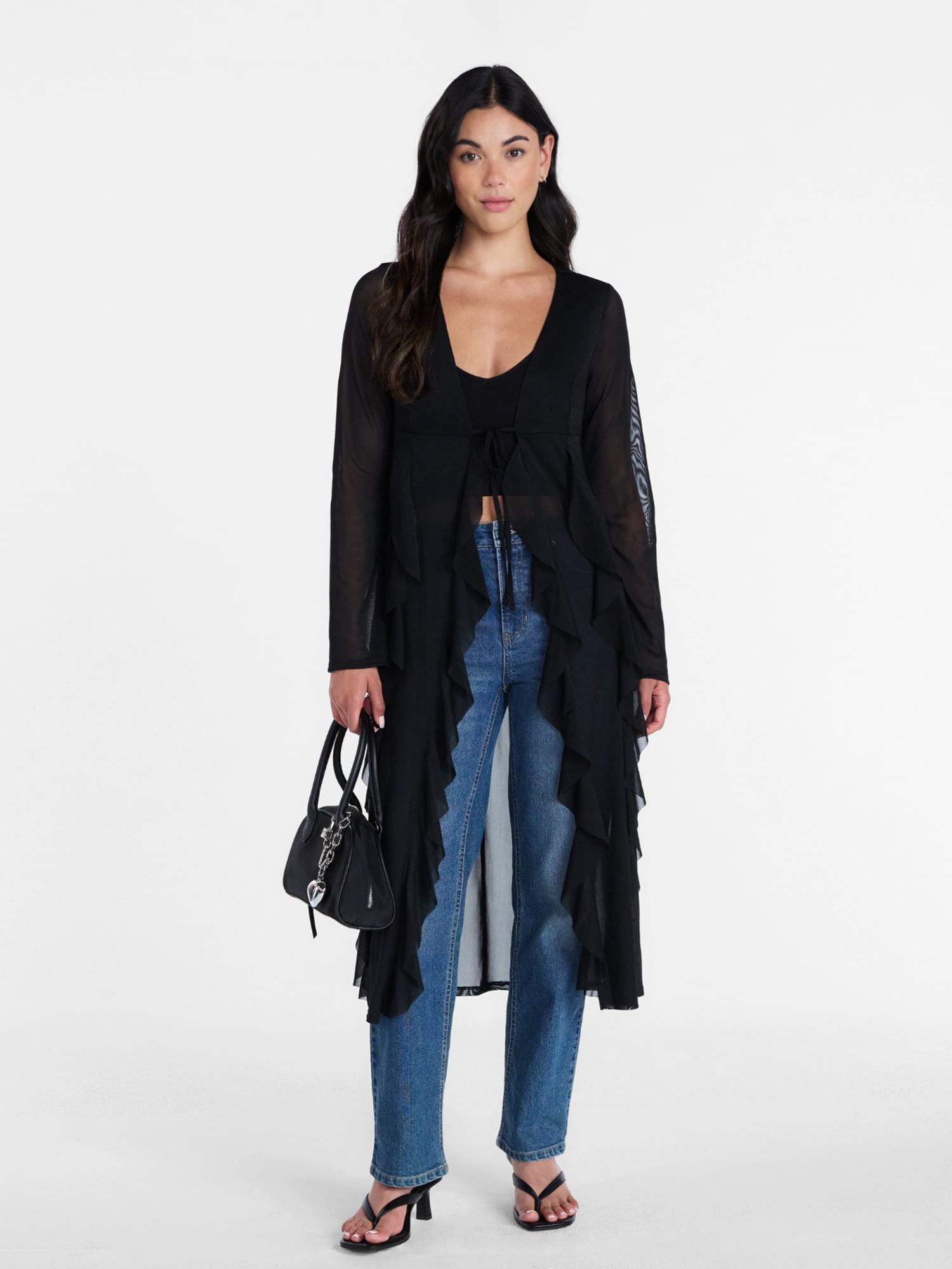 Madden NYC Women’s Ruffle Sheer Tie Front Duster with Long Sleeves, Sizes XXS-XXL