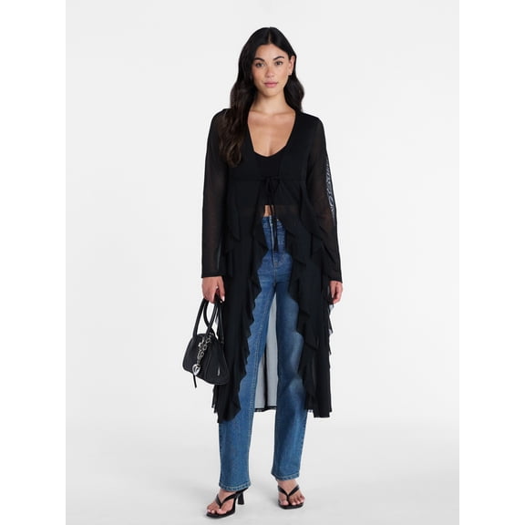 Madden NYC Women’s Ruffle Sheer Tie Front Duster with Long Sleeves, Sizes XXS-XXL