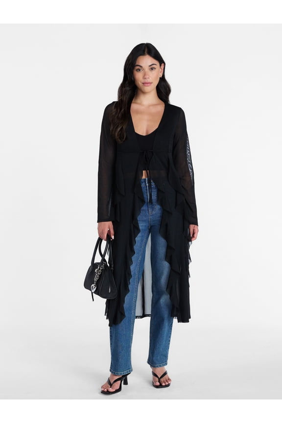 Women’s Ruffle Sheer Tie Front Duster with Long Sleeves, Sizes XXS-XXL