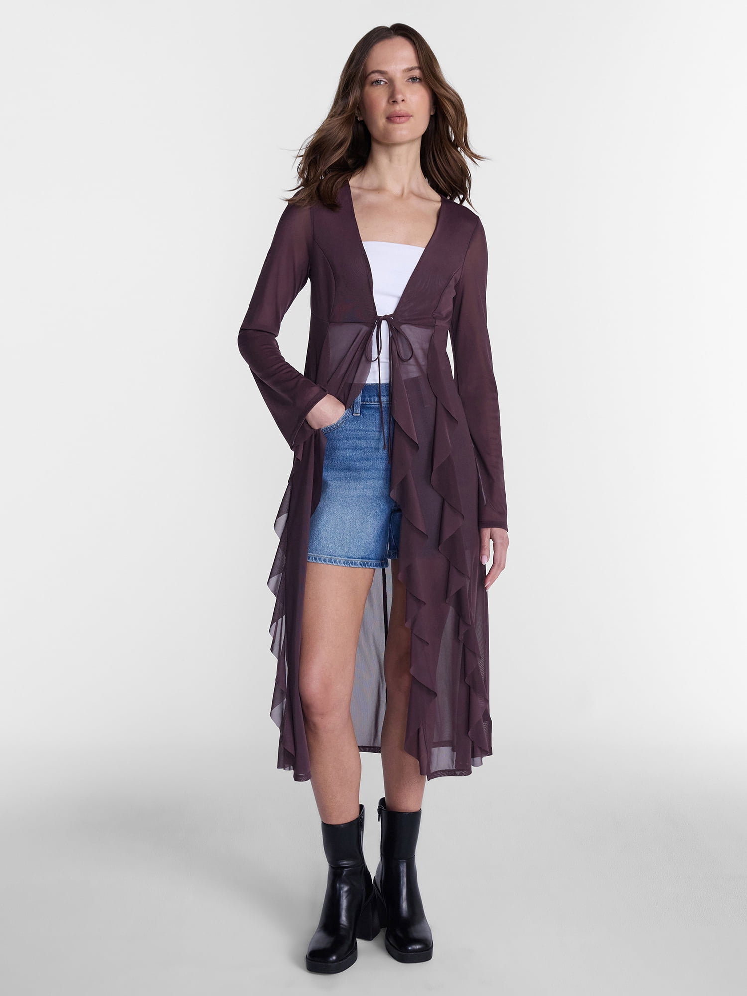 Madden NYC Women’s Ruffle Sheer Tie Front Duster with Long Sleeves, Sizes XXS-XXL