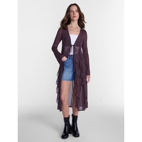 Madden NYC Women’s Ruffle Sheer Tie Front Duster with Long Sleeves, Sizes XXS-XXL