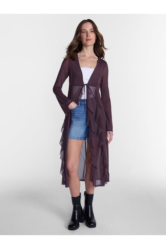 Women’s Ruffle Sheer Tie Front Duster with Long Sleeves, Sizes XXS-XXL