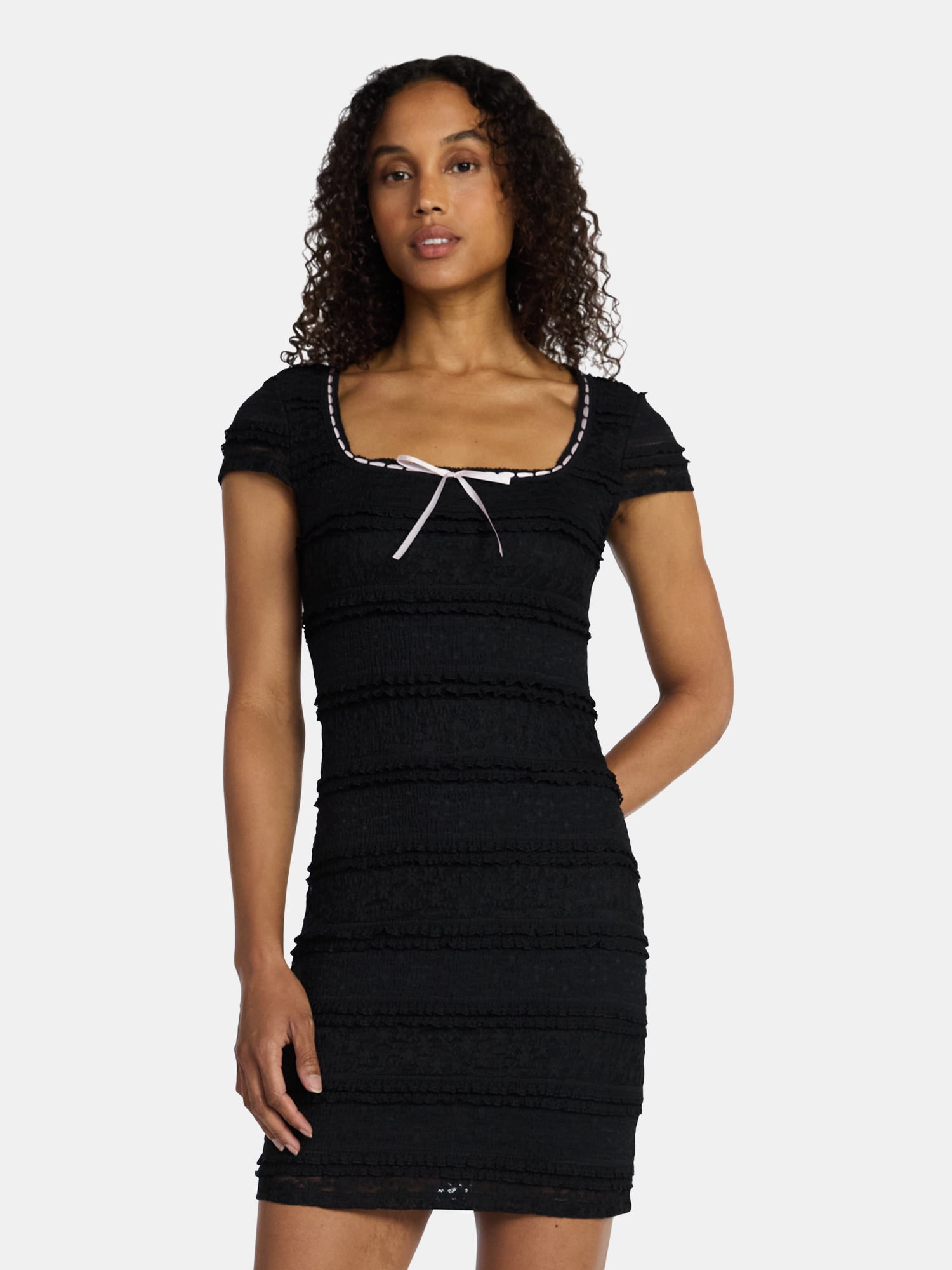 Madden NYC Women's Texture Lace Mini Dress with Short Sleeves