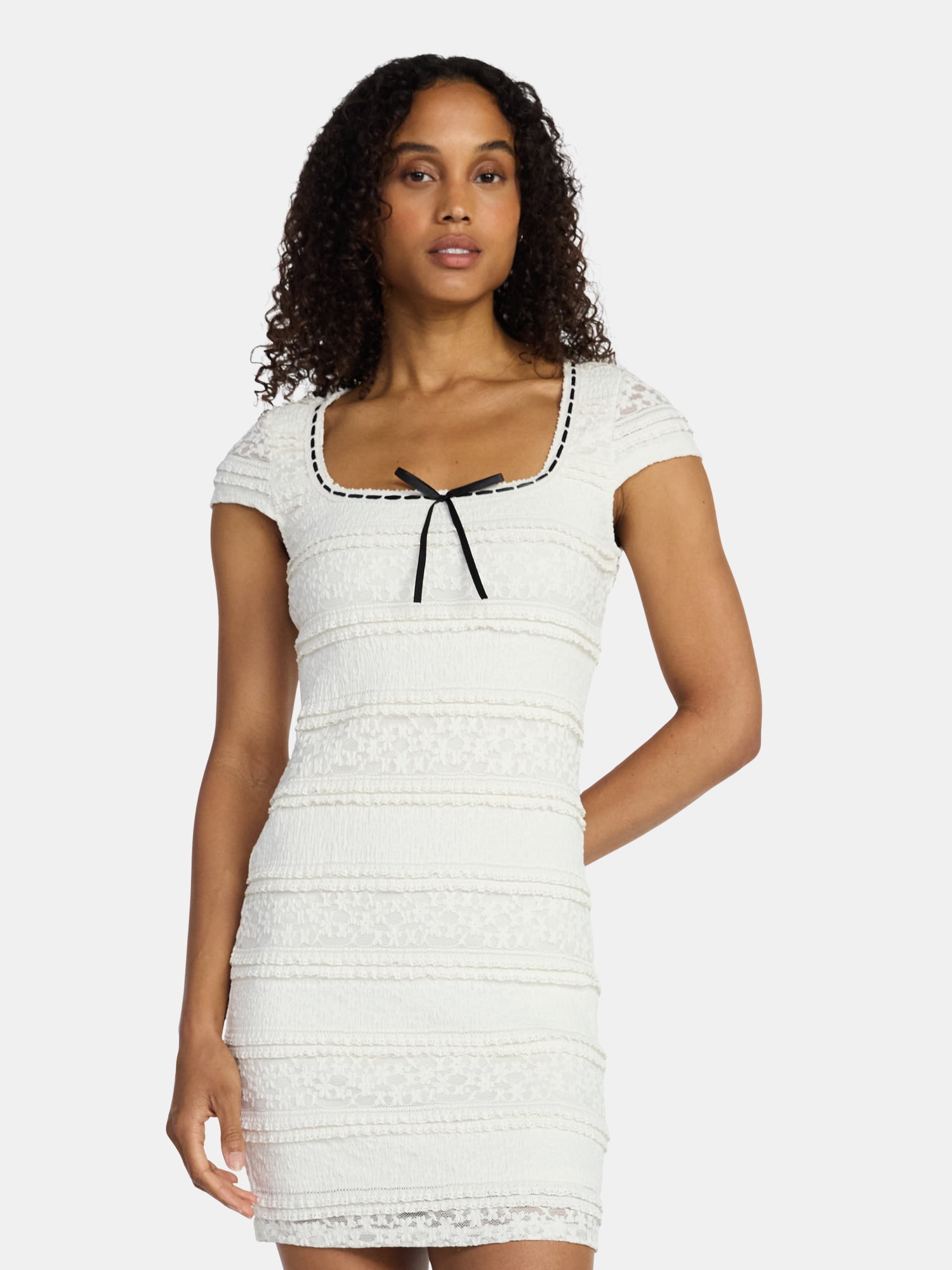 Madden NYC Women’s Texture Lace Mini Dress with Short Sleeves, Sizes XXS-XXL