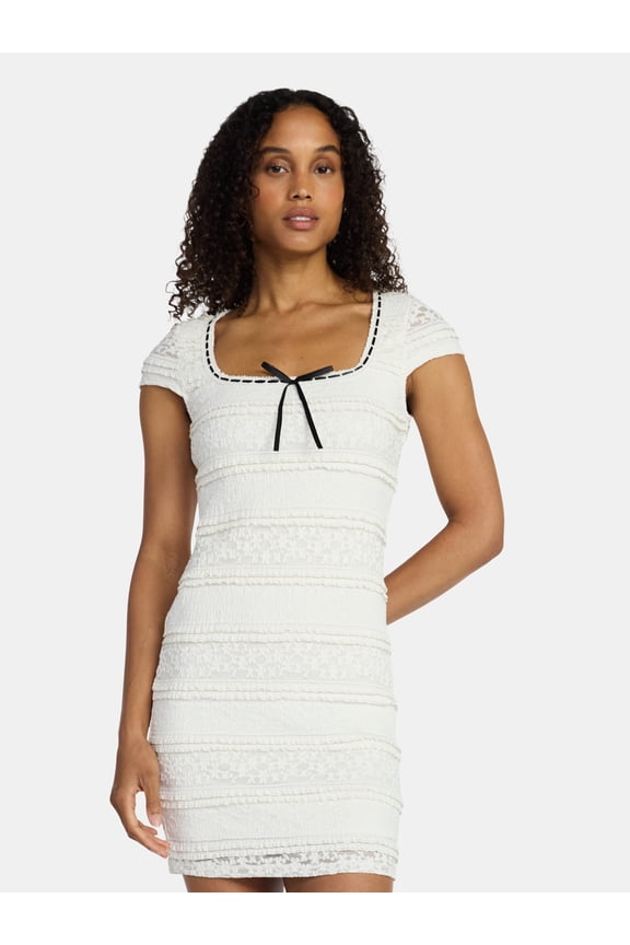 Women’s Texture Lace Mini Dress with Short Sleeves, Sizes XXS-XXL