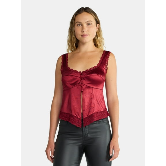 Madden NYC Women's Sleeveless Satin Flyaway Top with Lace Trim, Sizes XXS-XXL