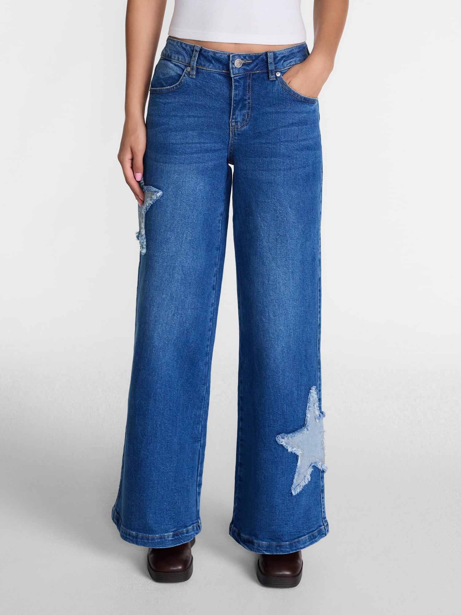 Madden NYC Women's Star Patch Wide Leg Jeans, 31" Inseam, Sizes 00-18