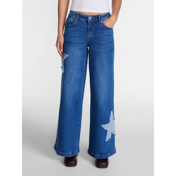 Madden NYC Women's Star Patch Wide Leg Jeans, 31" Inseam, Sizes 00-18