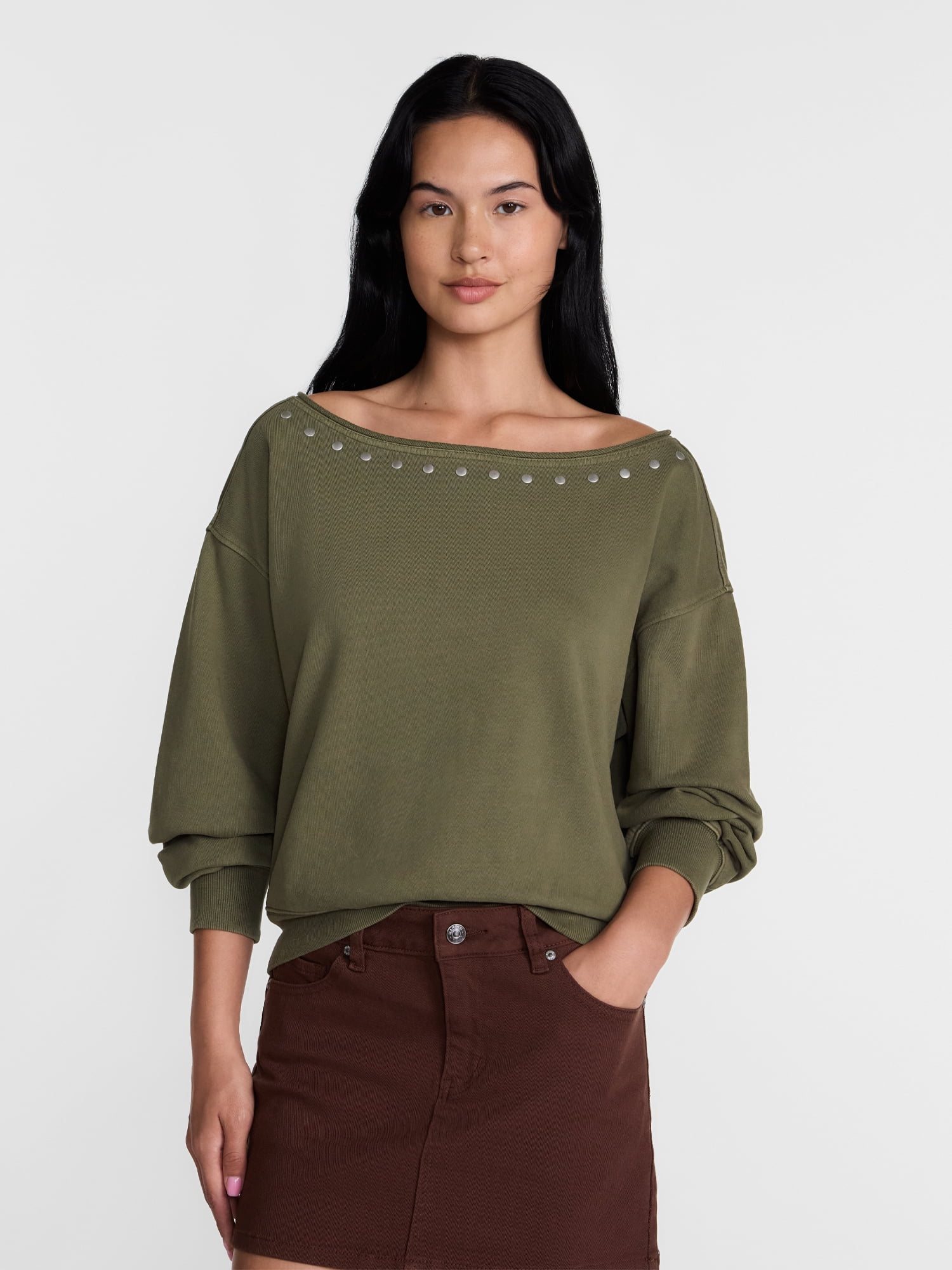 Madden NYC Women's Studded Off The Shoulder French Terry Sweatshirt, Sizes XXS-XXL