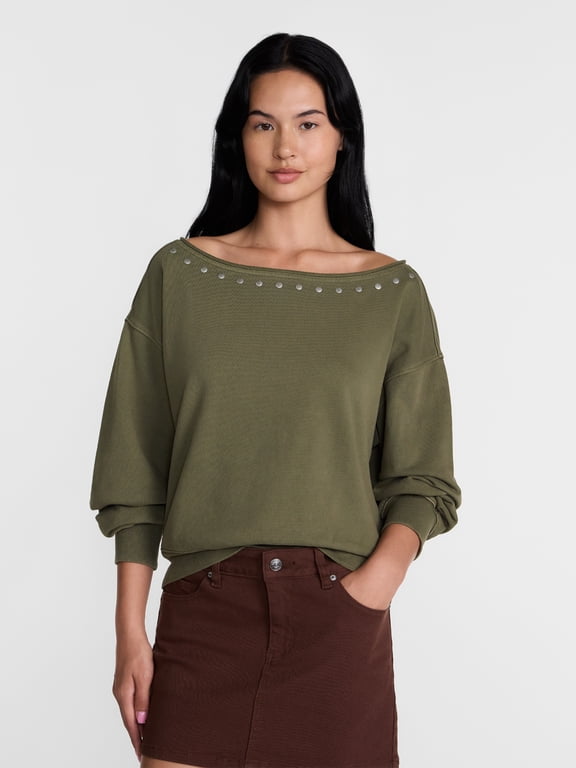 Women's Studded Off The Shoulder French Terry Sweatshirt, Sizes XXS-XXL