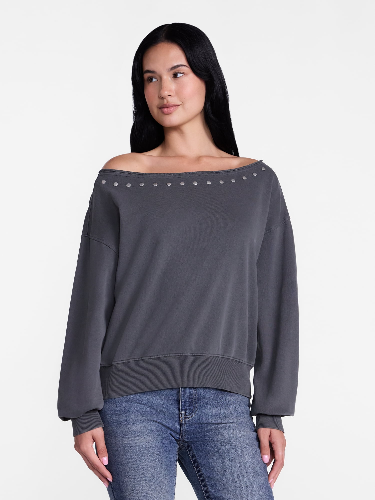 Madden NYC Women's Studded Off The Shoulder French Terry Sweatshirt, Sizes XXS-XXL