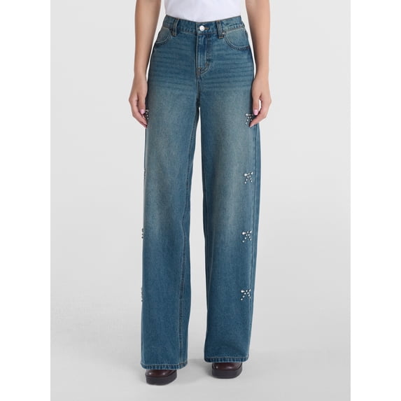 Madden NYC Women's The It Girl Ultra 90s Jeans with Rhinestone Bows, Sizes XXS-XXL