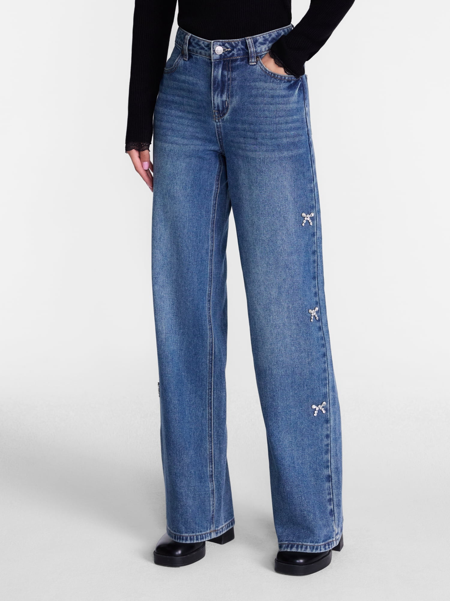 Madden NYC Women’s Ultra 90's Jeans with Rhinestone Bows, 32'' Inseam, Sizes 00-18