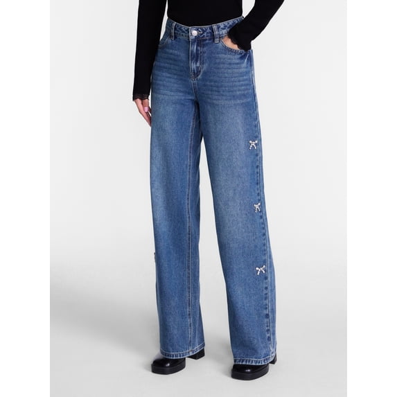 Madden NYC Women’s Ultra 90's Jeans with Rhinestone Bows, 32'' Inseam, Sizes 00-18