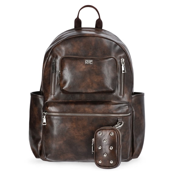 Madden NYC Women's 18.5" Faux Leather Dome Backpack with Front Pocket and Removable Pouch, Brown