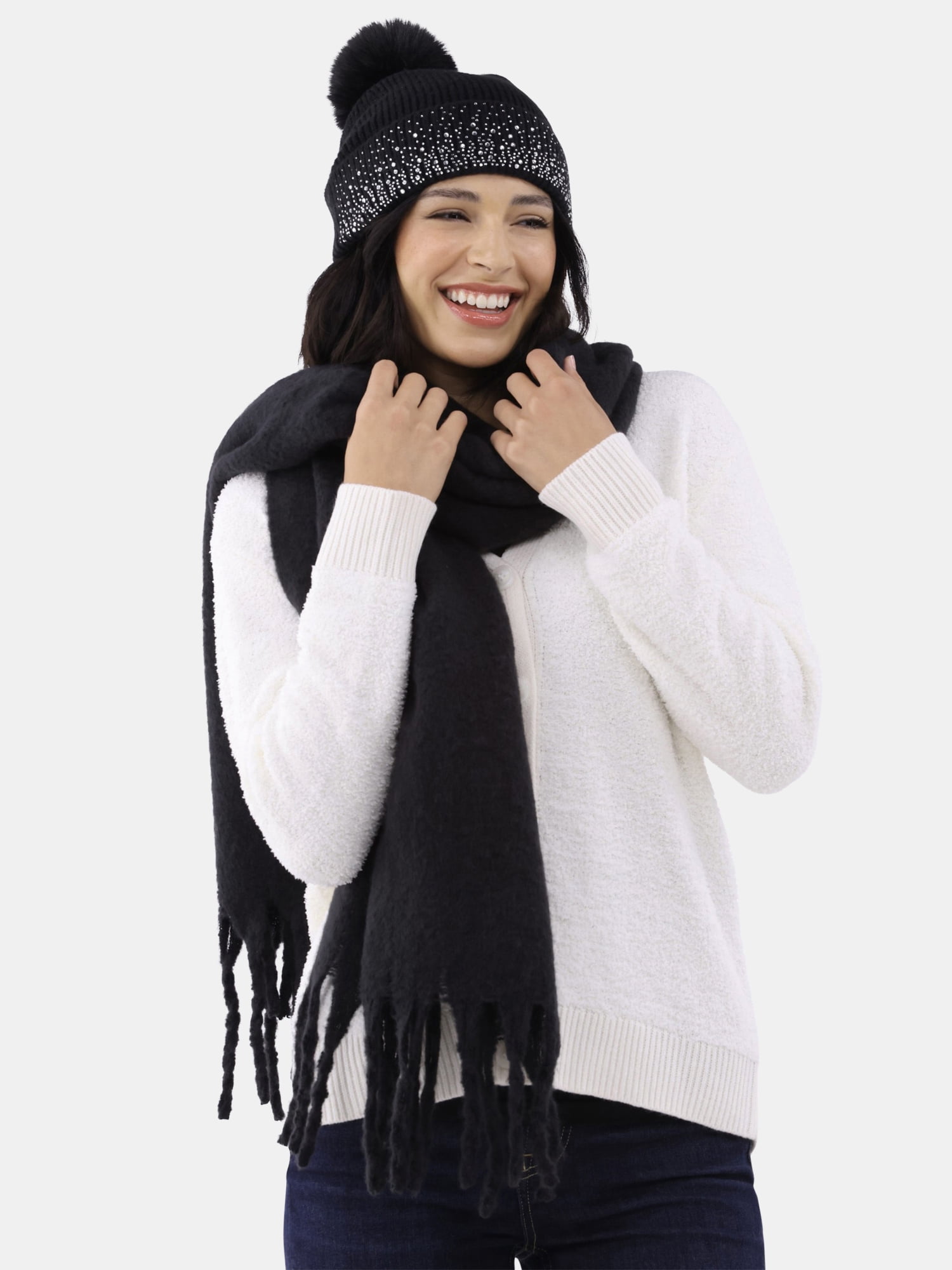 Madden NYC Women's Beanie and Winter Scarf 2-Piece Set, Black