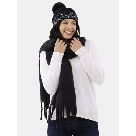 Madden NYC Women's Beanie and Winter Scarf 2-Piece Set, Black