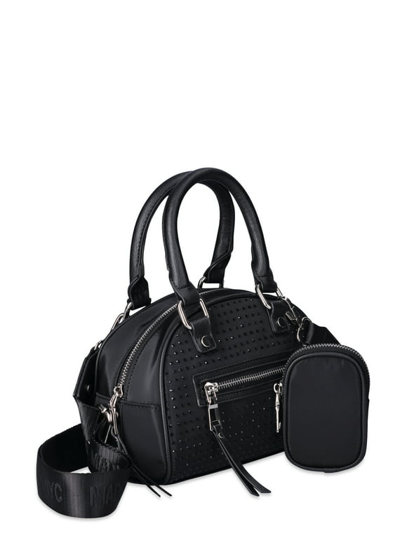 Madden NYC Women's Bowler Handbag with Crystal Overlay, Black