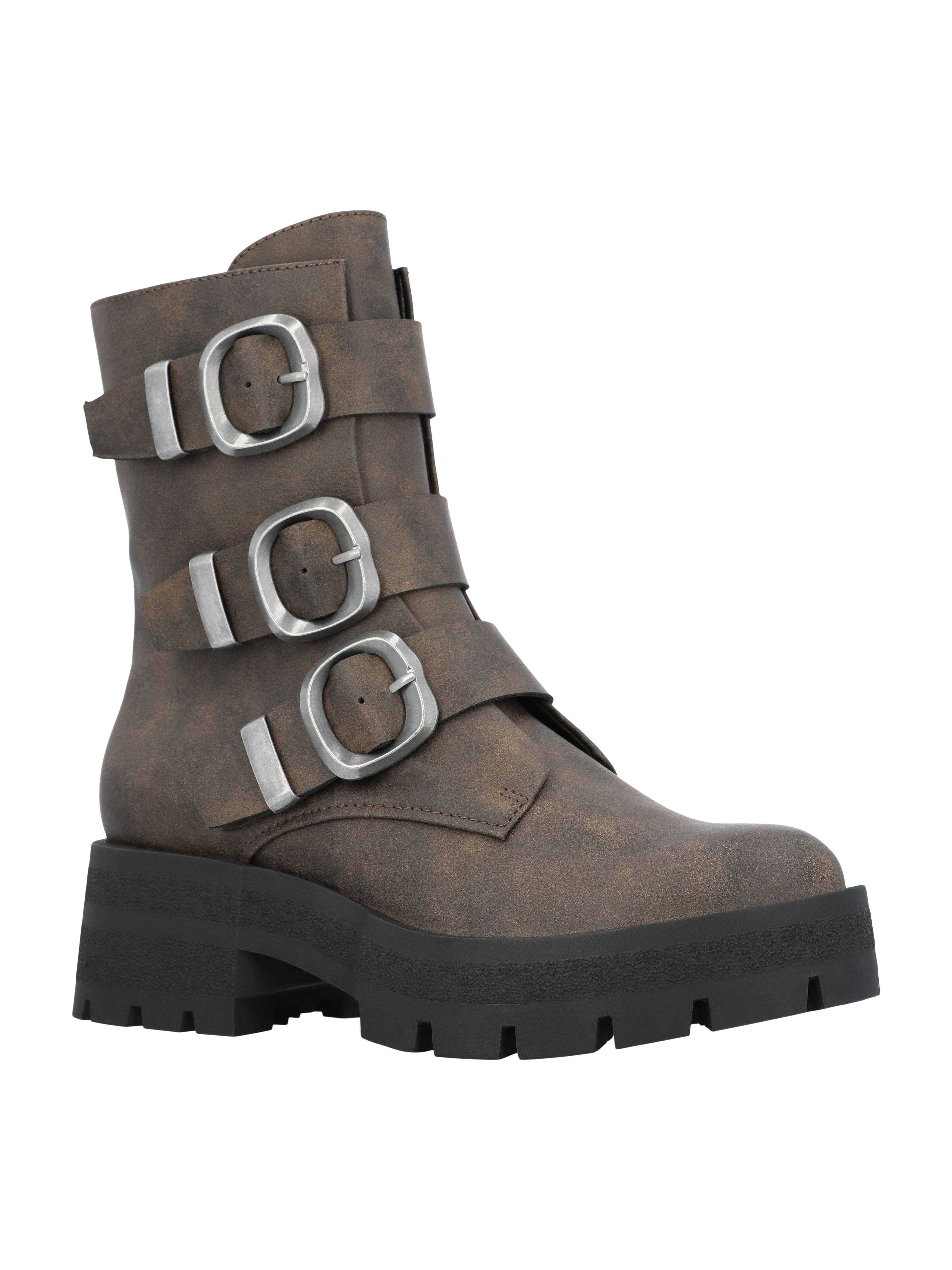 Madden NYC Women's Faux Leather Buckle Combat Boots
