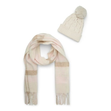 Madden NYC Women's Cable Beanie and Winter Plaid Scarf Set, 2-Piece, Off-White