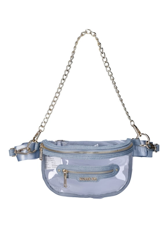 Madden NYC Women’s Clear Convertible Fanny Pack with Rhinestone Pouch, Denim