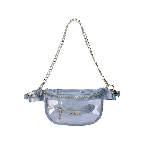 Madden NYC Women’s Clear Convertible Fanny Pack with Rhinestone Pouch, Denim