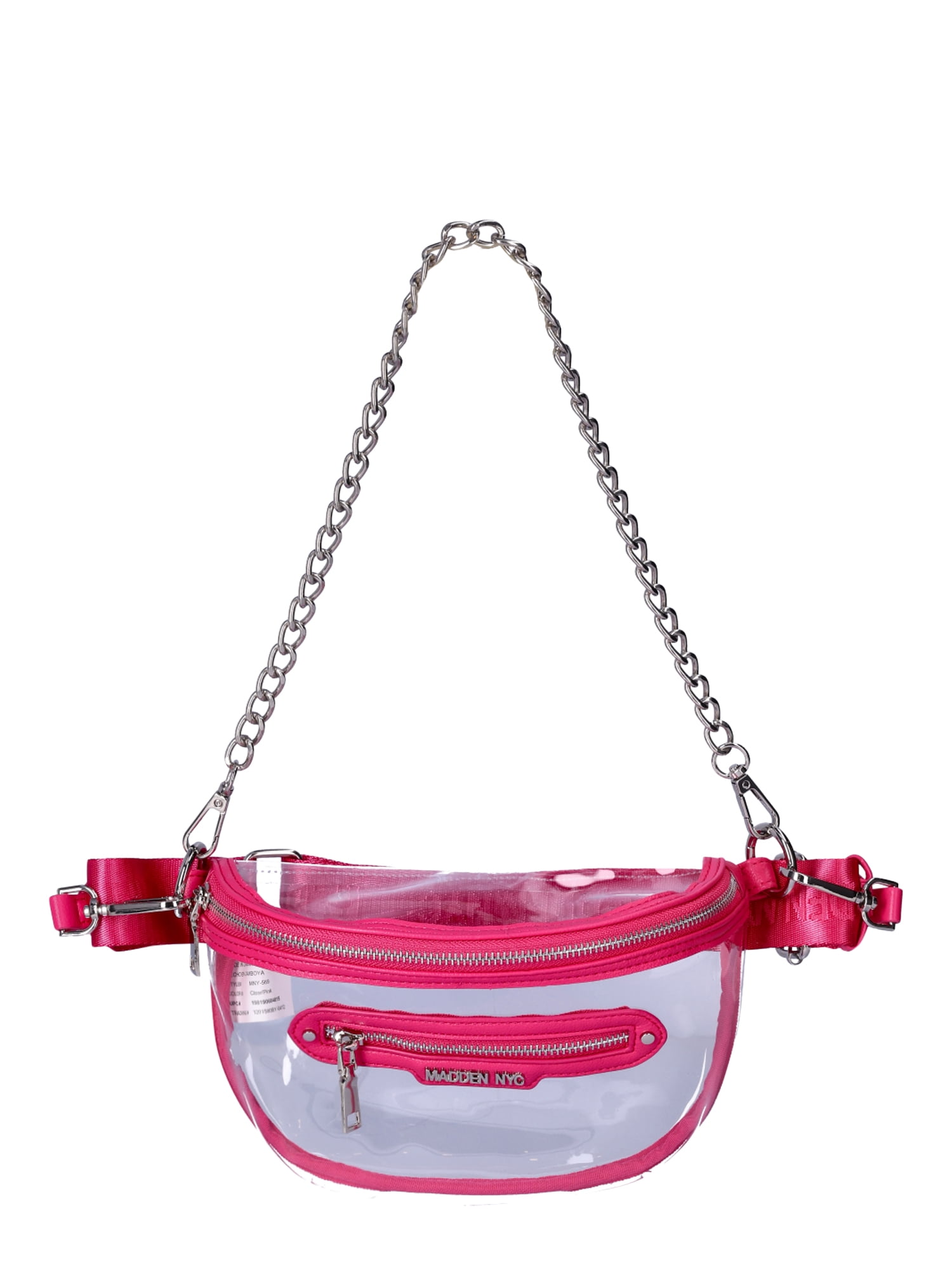 Madden NYC Women’s Clear Convertible Fanny Pack with Rhinestone Pouch, Fuchsia