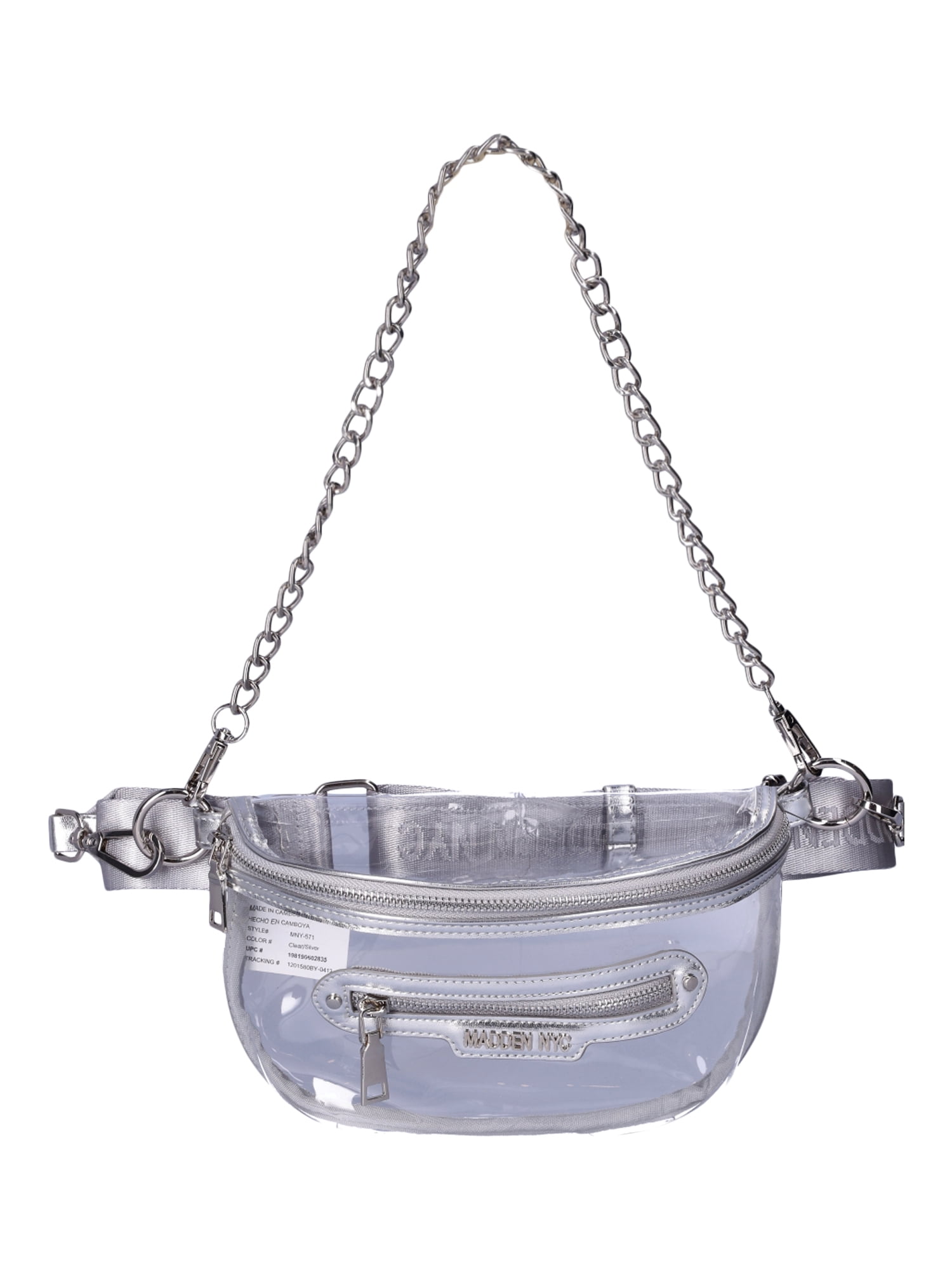 Madden NYC Women’s Clear Convertible Fanny Pack with Rhinestone Pouch, Metallic Silver-Tone