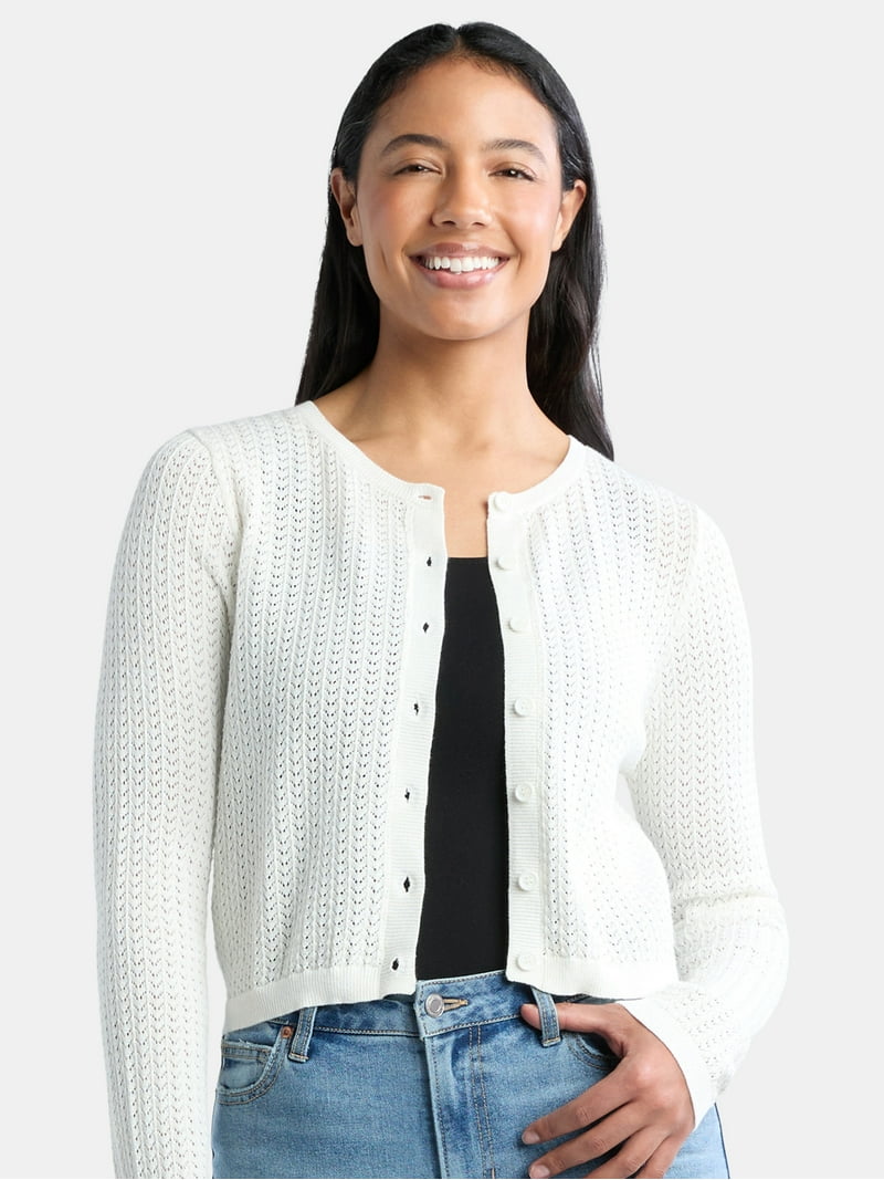 Madden NYC Women's Cotton Crochet Cardigan Sweater, Midweight