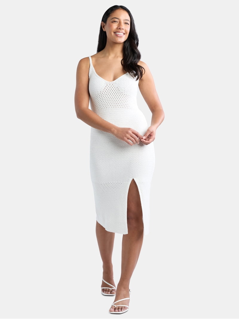 white christmas dresses Women's Glammed Up Crochet Knit Midi Dress in Taupe/Brown main image 1