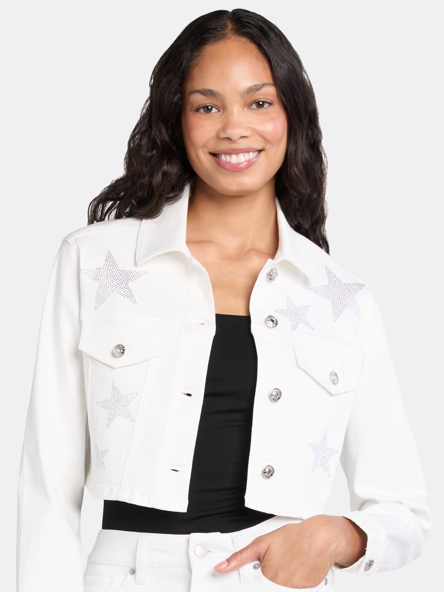 Madden NYC Women's Cropped Denim Jacket with Rhinestones