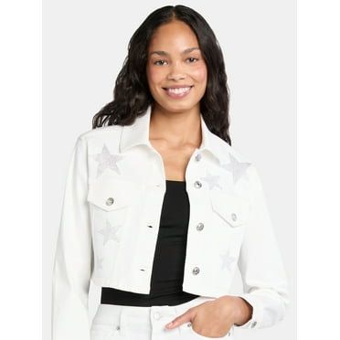 Madden NYC Women’s Cropped Denim Jacket with Rhinestones, Sizes XXS-XXL