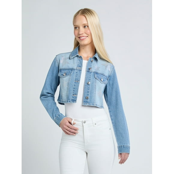 Madden NYC Women’s Cropped Denim Jacket with Rhinestones, Sizes XXS-XXL