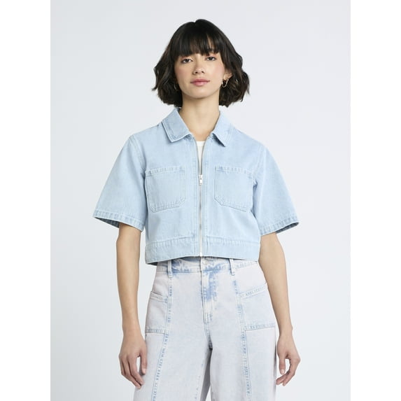 Madden NYC Women's Cropped Zip Up Trucker Jacket