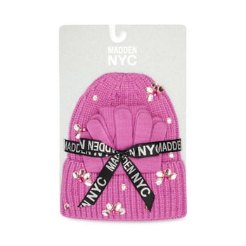 Madden NYC Women's Cuffed Beanie With Rhinestones And Magic Gloves, 2-Piece Gift Set Pink