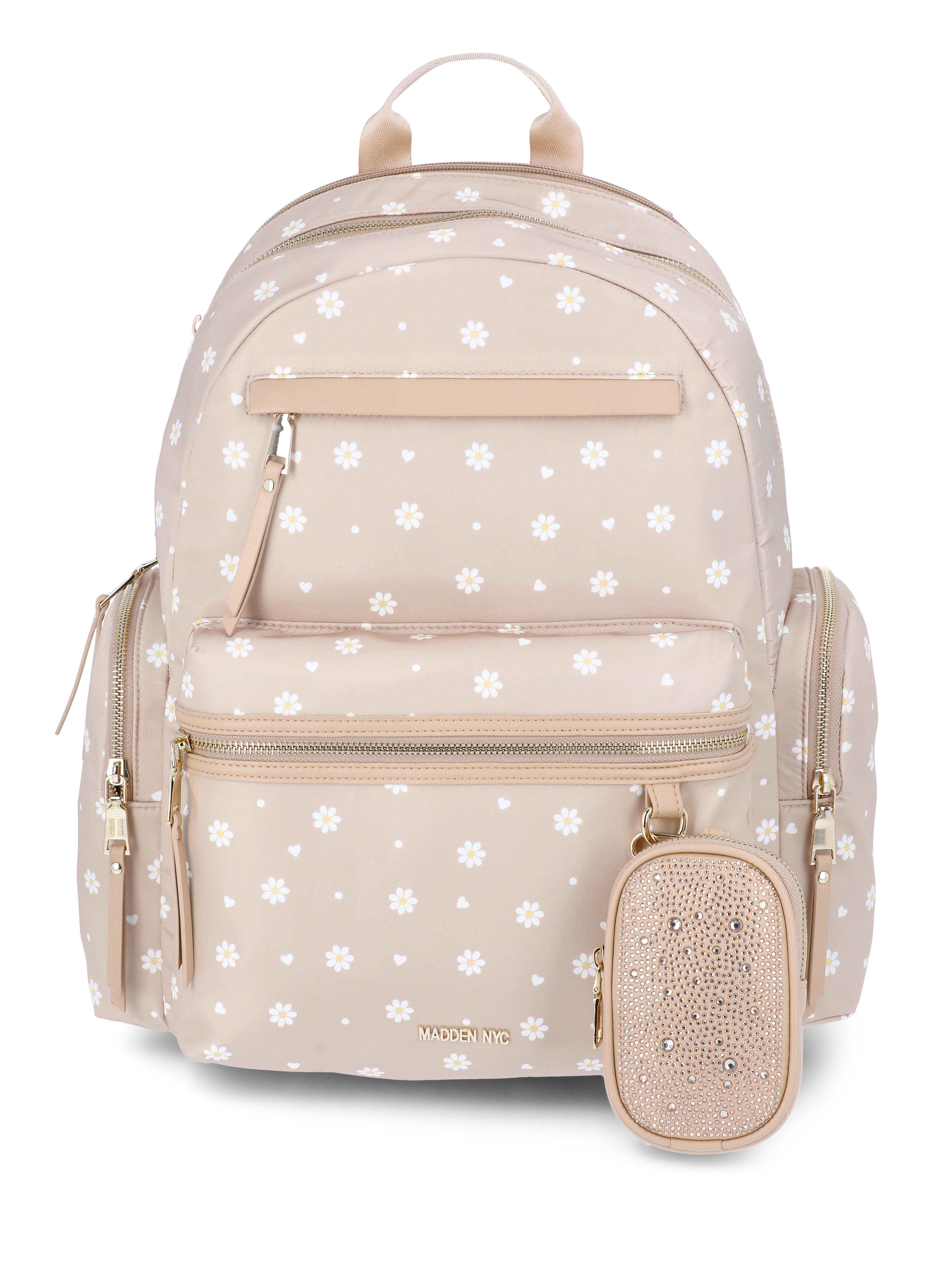Madden NYC 18.5" Women's Dome Backpack with Front Pocket and Removable Pouch, Khaki Daisy