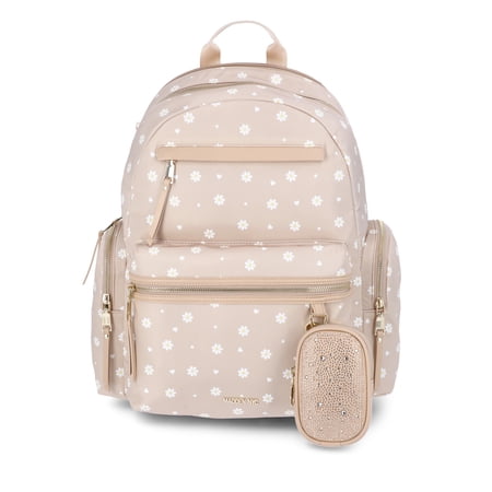 Madden NYC 18.5" Women's Dome Backpack with Front Pocket and Removable Pouch, Khaki Daisy