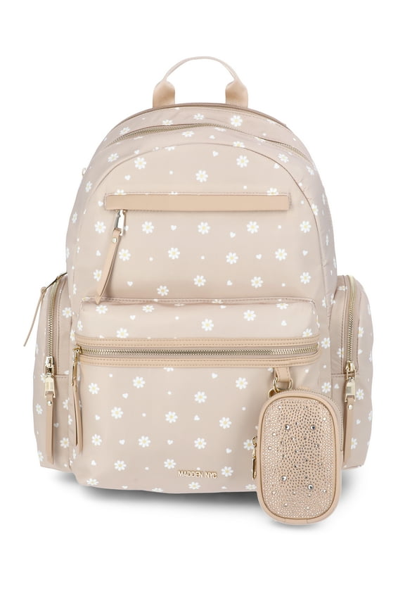 18.5" Women's Dome Backpack with Front Pocket and Removable Pouch, Khaki Daisy