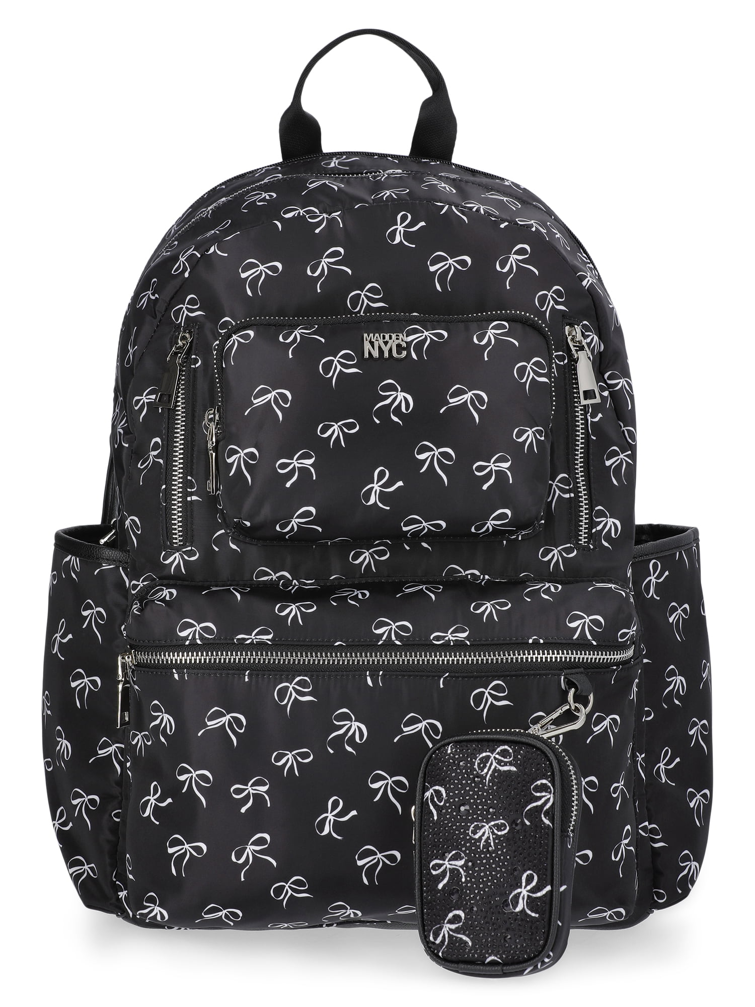Madden NYC Women's 18.5" Dome Backpack with Front Pocket and Removable Pouch, Black Bow