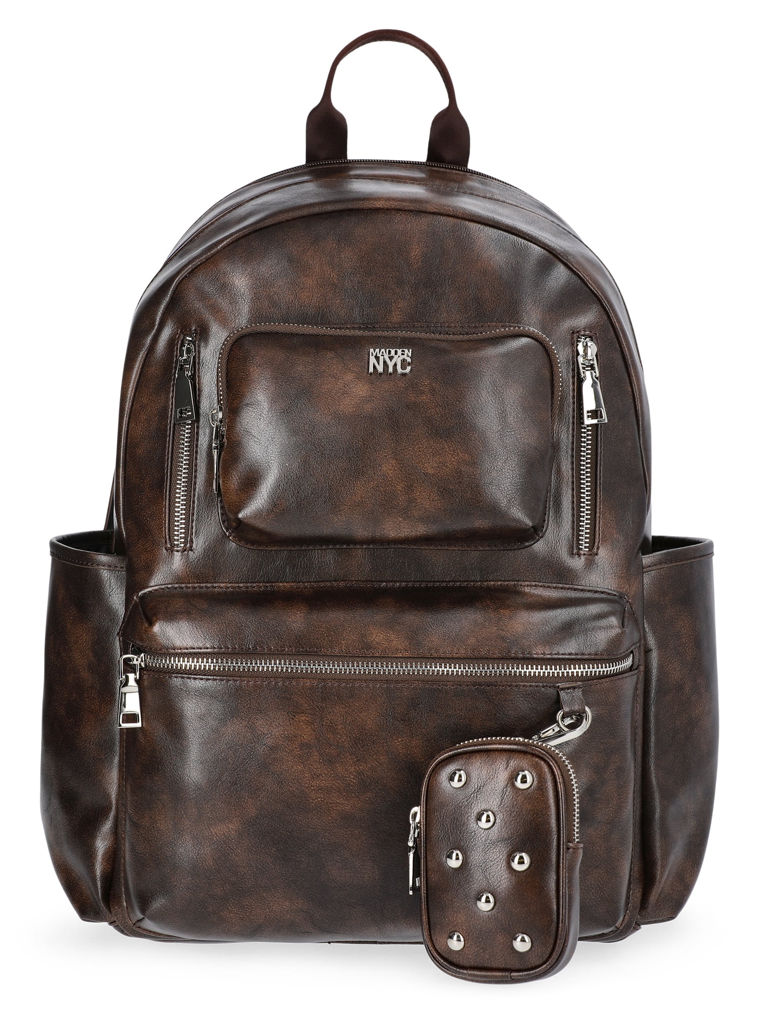 brown leather steve madden backpack Logo Mini and Card Case, Brown, One Size, Steve Madden Logo Mini Backpack Fashion Featuring dome stud details and knotted fringe decals on a gusset with rounded bottom metal aglets brown Steven Madden mini backpack
