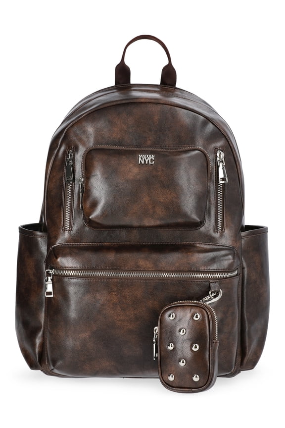 Women's 18.5" Faux Leather Dome Backpack with Front Pocket and Removable Pouch, Brown