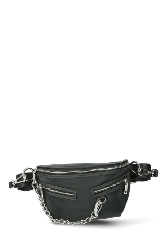 Women's Double Pocket Chain Fanny Pack, Black