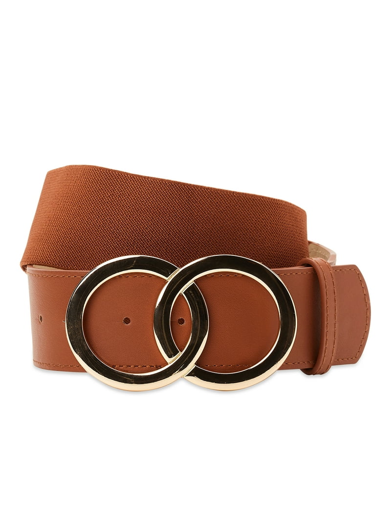 Madden NYC Women's Double Ring Buckle Elastic Stretch Belt, Brown